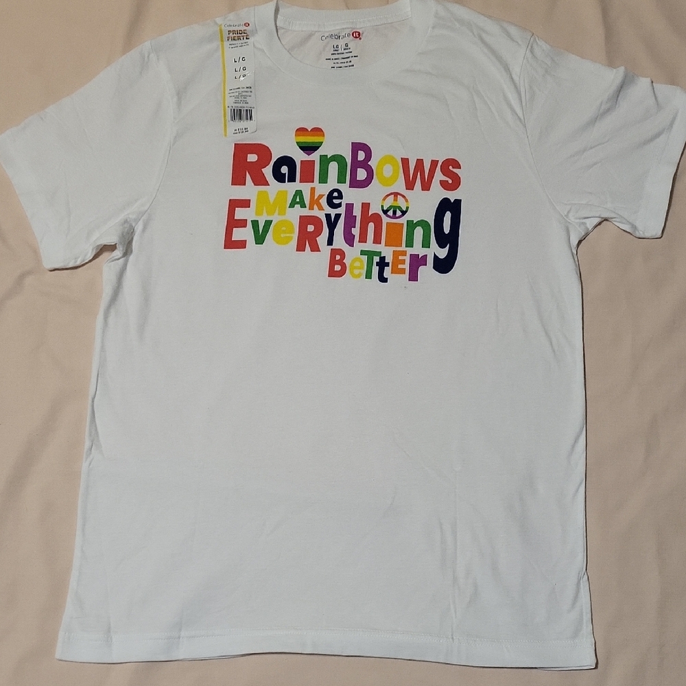 White Tee with Colorful Rainbow Text